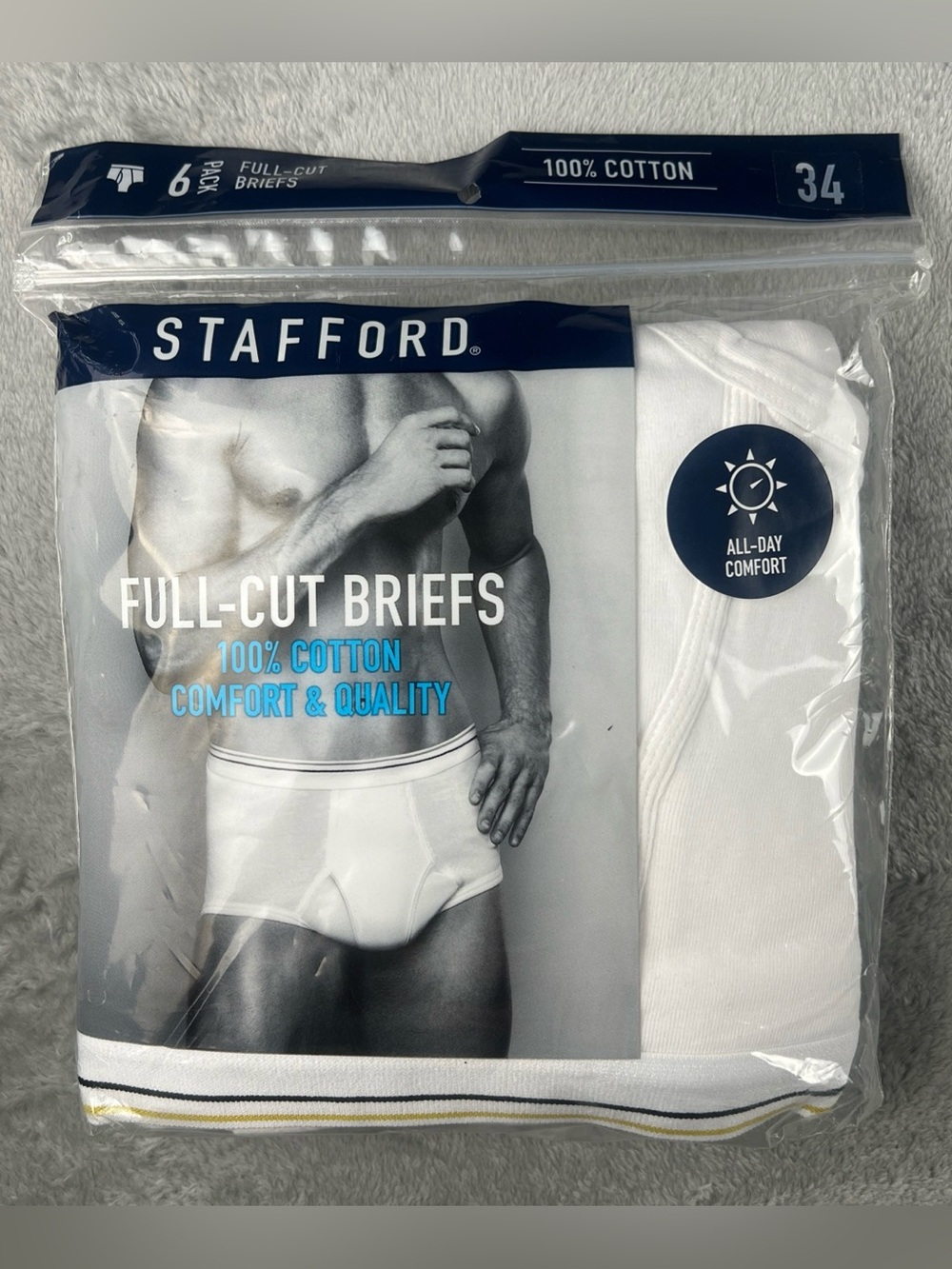 New Stafford Men's 6pk Full-Cut White Briefs Soft Ring Spun Cotton Size 34”